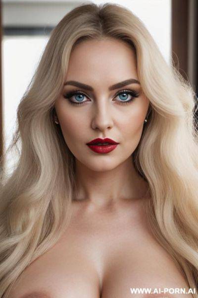 Long curly hair, round face, big eyes, blue eyes, italian woman, italian , very long blonde curly hair, red lipstick, heavy eye make up - ai-porn.ai - Italy on pornintellect.com