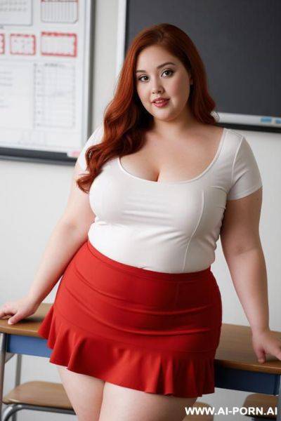 Full body photo shot, about at classroom, so chubby and so fat bbw curvy teacher, wearing a sexy and hot micro red ruffle microskirt and elegant micro summer top, speaking to the classroom. - ai-porn.ai on pornintellect.com