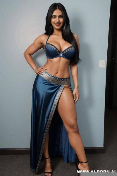 Indians, black hair, long way hair, fit, abs, navel piercing, big ass, blue bra, blue skirt, tall, looking at camera, full body, one arm raised, stiletto - ai-porn.ai - India on pornintellect.com