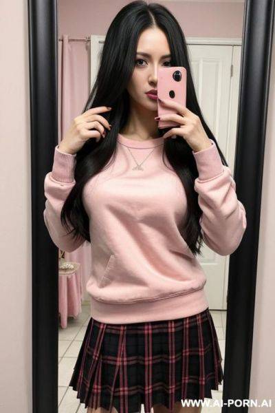 Woman long hair pink sweatshirt plaid skirt selfie photo in the mirror - ai-porn.ai on pornintellect.com