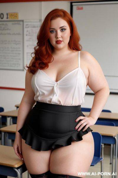 Full body photo shot, about at classroom, so chubby and so fat bbw curvy teacher, wearing a sexy and hot micro red ruffle microskirt and elegant micro garter belt top, speaking to the classroom. - ai-porn.ai on pornintellect.com