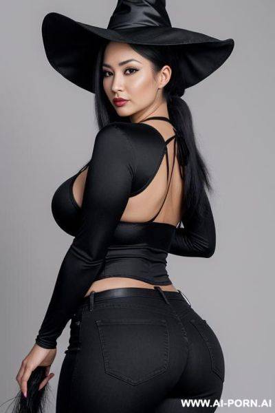 Very beautiful asian milf, curvy chubby body, gitar shaped body. show breasts. top naked. huge ass, black jeans, long black ponytail hair from behind - ai-porn.ai on pornintellect.com