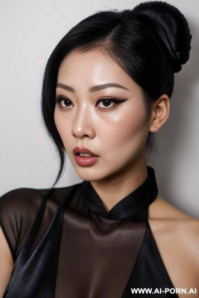 Beautiful heavy makeup asian lady, bun hair, headshot, scared expression, front view - ai-porn.ai on pornintellect.com