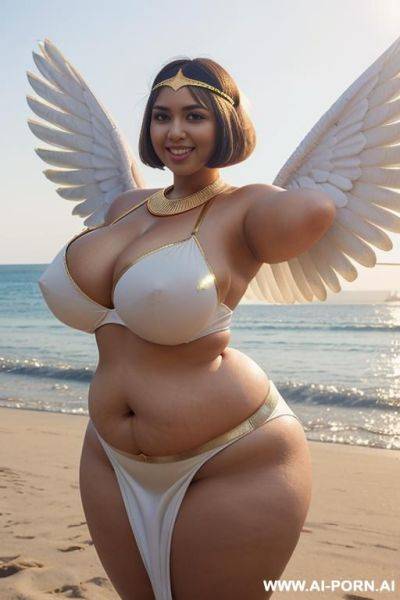 Egyptian queen wearing white dress, (golden wings on her back), (bobcut hairstyle), (((massive huge breasts))), full body view, photorealistic, ((chubby woman)), ((wide hips)), ((huge butt)), beach, smiling, (hairband), (showing armpit) - ai-porn.ai - Egypt on pornintellect.com