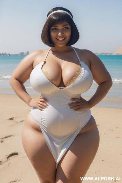 Egyptian queen wearing white dress, (bobcut hairstyle), (((massive huge breasts))), full body view, photorealistic, ((chubby woman)), ((wide hips)), ((huge butt)), beach, smiling, (hairband), (hands on hips) - ai-porn.ai - Egypt on pornintellect.com