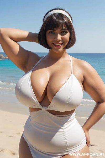 Egyptian queen wearing white dress, (bobcut hairstyle), (((massive huge breasts))), upper body view, photorealistic, ((chubby woman)), ((wide hips)), ((huge butt)), beach, smiling, (hairband), (showing armpits), ((closeup view)) - ai-porn.ai - Egypt on pornintellect.com