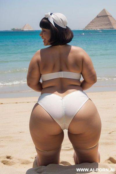 Egyptian queen wearing white dress, (bobcut hairstyle), (((massive huge breasts))), full body view, photorealistic, ((chubby woman)), ((wide hips)), ((huge butt)), beach, smiling, (hairband), (on all fours), ((view from behind)) - ai-porn.ai - Egypt on pornintellect.com