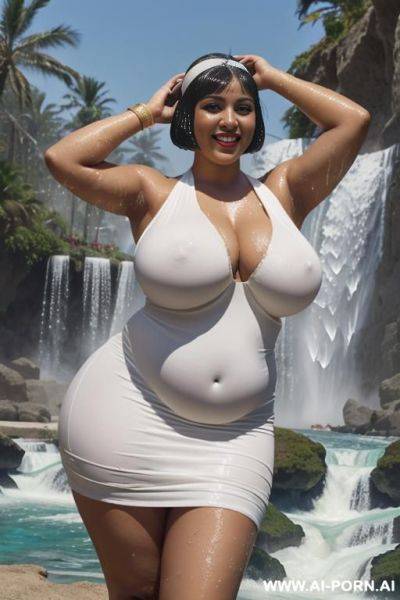 Egyptian queen wearing white dress, (bobcut hairstyle), (((massive huge breasts))), full body view, photorealistic, ((chubby woman)), ((wide hips)), ((huge butt)), beach, smiling, (hairband), (standing in waterfall), ((wet)), ((showing armpits)) - ai-porn.ai - Egypt on pornintellect.com