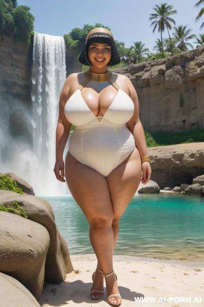 Egyptian queen wearing white dress, (bobcut hairstyle), (((massive huge breasts))), full body view, photorealistic, ((fat chubby woman)), ((wide hips)), ((huge butt)), beach, smiling, (hairband), (standing in waterfall) - ai-porn.ai - Egypt on pornintellect.com