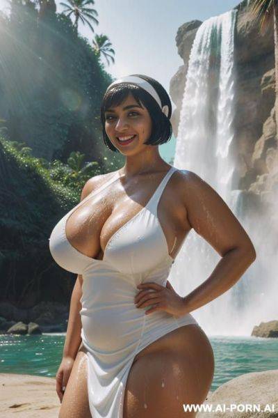 Egyptian queen wearing white dress, (bobcut hairstyle), (((massive huge breasts))), full body view, photorealistic, ((chubby woman)), ((wide hips)), ((huge butt)), beach, smiling, (hairband), (standing under waterfall), ((wet)) - ai-porn.ai - Egypt on pornintellect.com