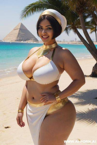 Egyptian queen wearing white dress with golden accents, (bobcut hairstyle), (((massive huge breasts))), full body view, photorealistic, ((chubby woman)), ((wide hips)), ((huge butt)), beach, smiling, (hairband), (showing breasts) - ai-porn.ai - Egypt on pornintellect.com