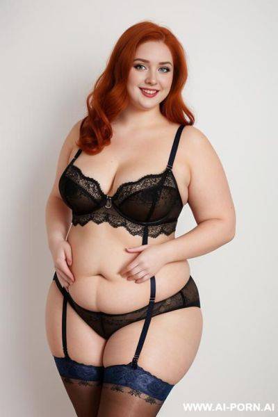 Full body photo studio shot, about a fat bbw curvy woman with love handless and tummy, wearing a sexy and hot blue lace stocking lingeries. - ai-porn.ai on pornintellect.com