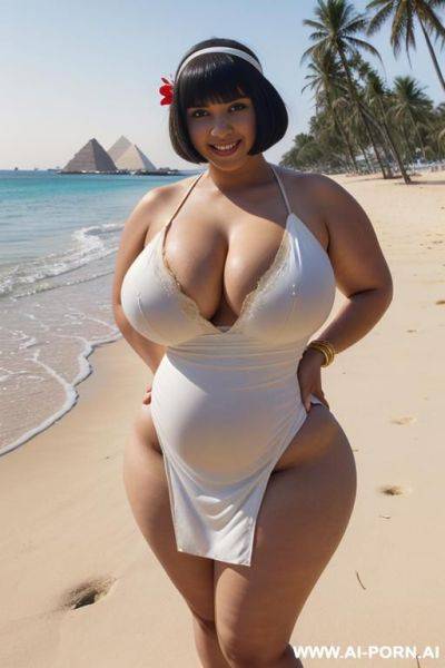 Egyptian queen wearing white dress, (bobcut hairstyle), (((massive huge breasts))), full body view, photorealistic, ((chubby woman)), ((wide hips)), ((huge butt)), beach, smiling, (hairband), (((spreading legs))) - ai-porn.ai - Egypt on pornintellect.com