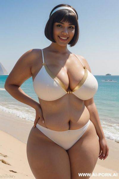 Egyptian queen wearing white dress, (bobcut hairstyle), (((massive huge breasts))), full body view, photorealistic, ((chubby woman)), ((wide hips)), ((huge butt)), beach, smiling, (hairband), (hands on breasts) - ai-porn.ai - Egypt on pornintellect.com