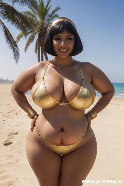 Egyptian queen wearing ancient dress, (bobcut hairstyle), (((massive huge breasts))), full body view, photorealistic, ((chubby woman)), ((wide hips)), beach, smiling, (hairband) - ai-porn.ai - Egypt on pornintellect.com