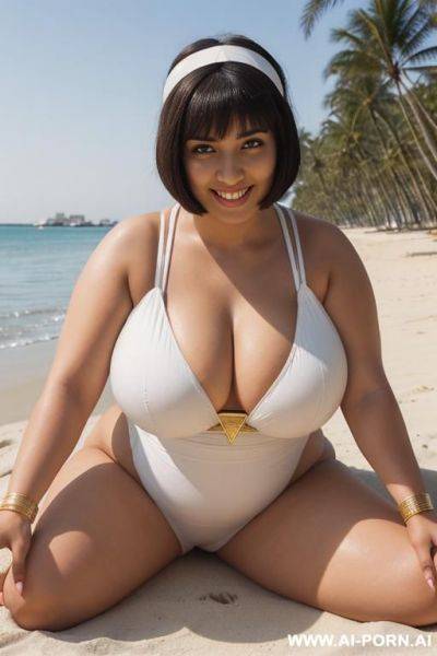 Egyptian queen wearing white dress, (bobcut hairstyle), (((massive huge breasts))), lower body view, photorealistic, ((chubby woman)), ((wide hips)), beach, smiling, (hairband), (showing toes), ((closeup - ai-porn.ai - Egypt on pornintellect.com