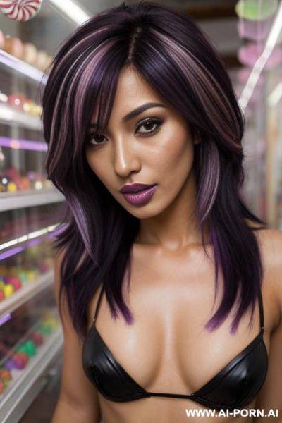 (mature depiction) closeup, tanned skin colour, flowing hairdo, purple hair with black highlights, wild bj, slut, - ai-porn.ai on pornintellect.com