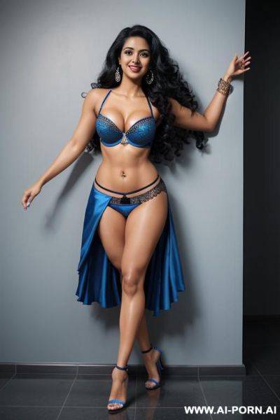 Indian, black hair, long curly hair, abs, fit, one arm raised, navel piercing, blue bra, blue skirt, tall, looking at camera, full body, stiletto - ai-porn.ai - India on pornintellect.com