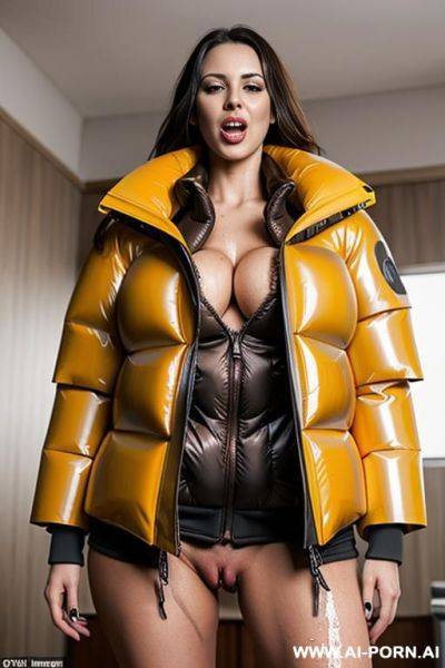 Brunette secretary getting fucked on toilet, (((wearing gigantic oversized puffer jacket:1.3))), man holding legs while fucking, strong and loud orgasm, creampie, eye contact, (lots of cum:1.2), - ai-porn.ai on pornintellect.com