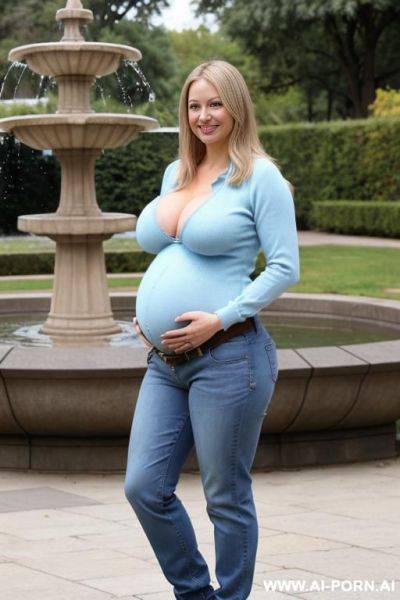 Pregnant posing in front of a fountain in a park, saggy tits, wearing blue pullover, belt, denim pants, ankle boots - ai-porn.ai on pornintellect.com