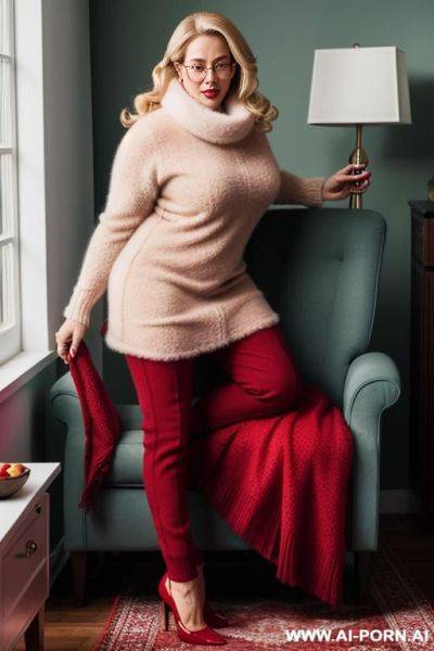 Bbw mature blond glasses wearing fluffy sweater and red fur scarf - ai-porn.ai on pornintellect.com