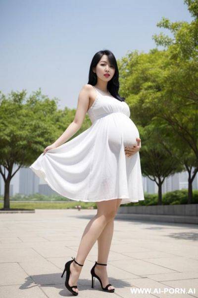 Korean woman, pregnant, black hair, skin, wearing a white sundress, wearing open high heels, posing on a park - ai-porn.ai - North Korea on pornintellect.com