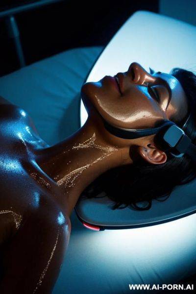 Interior, lying down on her back on a medical bed, vr headset, dark, wet, dramatic lighting, overhead blue light - ai-porn.ai on pornintellect.com