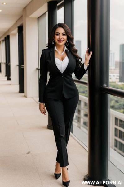 Busty latina brunette, long hear, smiling, wearing high heels, black business suit, lawyer. - ai-porn.ai on pornintellect.com