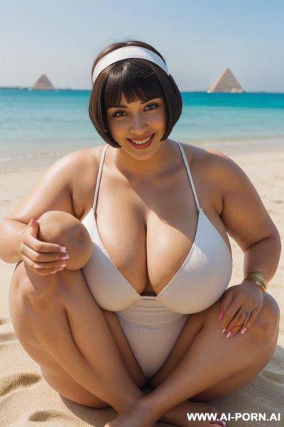 Egyptian queen wearing white dress, (bobcut hairstyle), (((massive huge breasts))), lower body view, photorealistic, ((chubby woman)), ((wide hips)), beach, smiling, (hairband), (showing toes), ((closeup - ai-porn.ai - Egypt on pornintellect.com