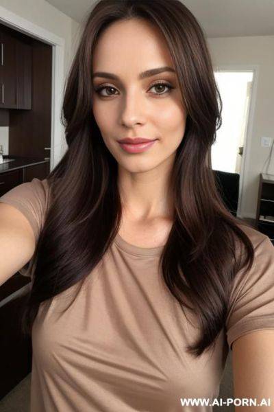 Woman long hair brown t-shirt selfie - ai-porn.ai on pornintellect.com