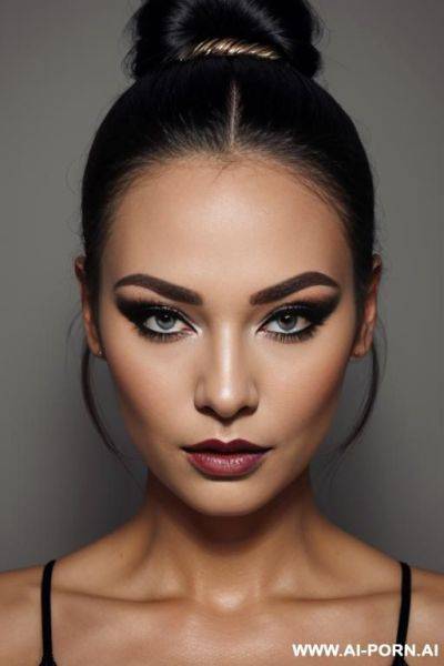 Beautiful heavy makeup lady, bun hair, headshot, scared expression, front view - ai-porn.ai on pornintellect.com