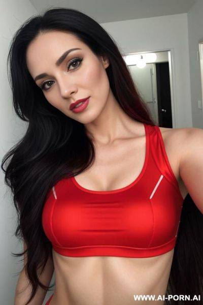 Woman long hair red sport top selfie - ai-porn.ai on pornintellect.com