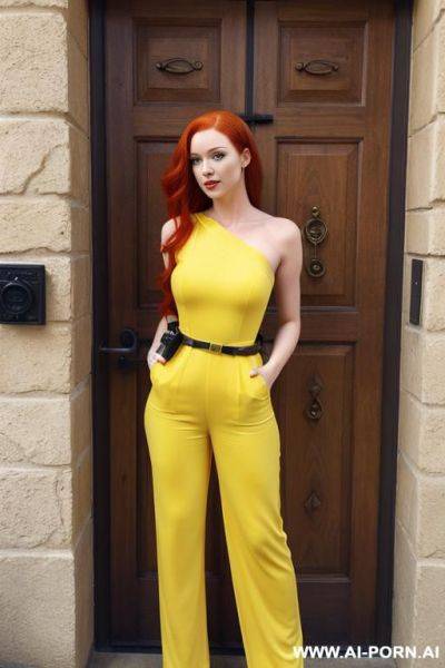 (shoulder-length red hair), (yellow jumpsuit with a utility belt), (green eyes) - ai-porn.ai on pornintellect.com