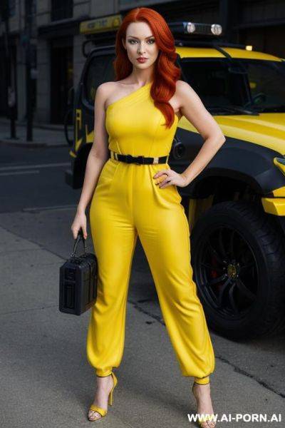 (shoulder-length red hair), (yellow jumpsuit with a utility belt), (green eyes), (reporter of the tv show the ninja turtles) - ai-porn.ai on pornintellect.com