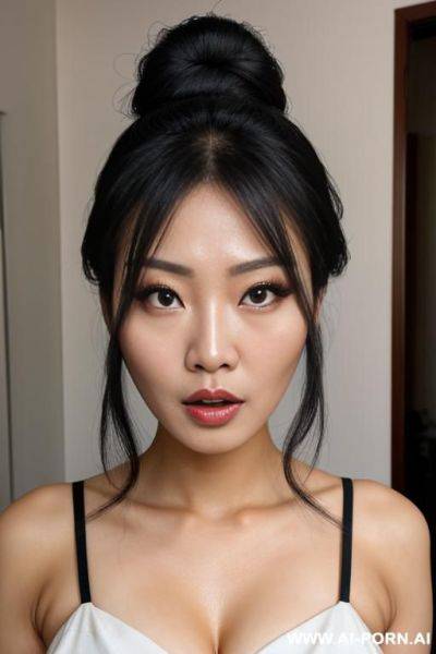 Beautiful heavy makeup asian lady, bun hair, front view, face scared, breast view - ai-porn.ai on pornintellect.com