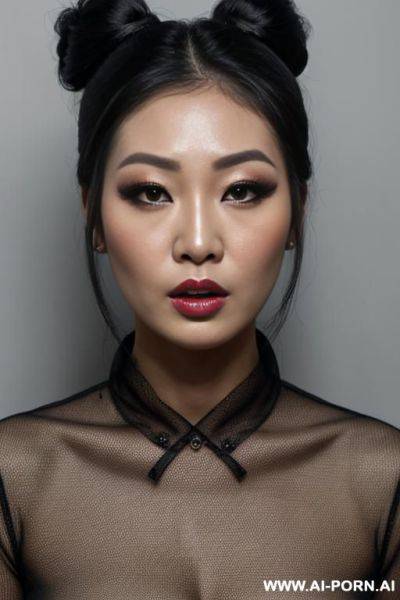 Beautiful heavy makeup asian lady, bun hair, headshot, front view, face scared - ai-porn.ai on pornintellect.com