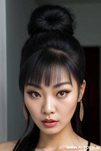 Beautiful heavy makeup asian lady, bun hair, headshot, face scared - ai-porn.ai on pornintellect.com