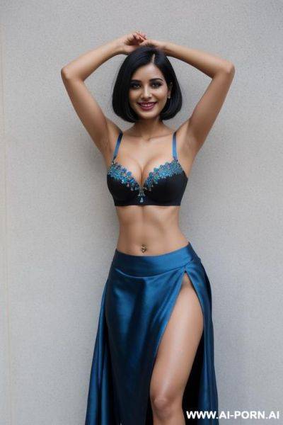 Indians, black hair, bobcut, fit, abs, navel piercing, one arm raised, blue bra, blue skirt, tall, looking at camera, full body, stiletto - ai-porn.ai - India on pornintellect.com