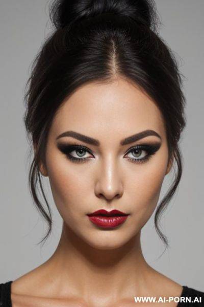 Beautiful heavy makeup lady, bun hair, headshot, front view - ai-porn.ai on pornintellect.com