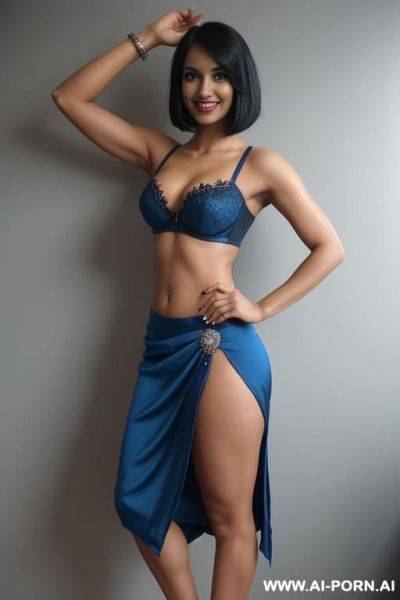 Indians, black hair, bobcut, fit, abs, navel piercing, one arm raised, blue bra, blue skirt, tall, looking at camera, full body, back view, stiletto - ai-porn.ai - India on pornintellect.com