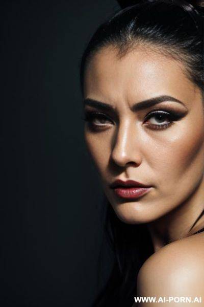 Beautiful heavy makeup lady, bun hair, headshot, face expression melancholic - ai-porn.ai on pornintellect.com