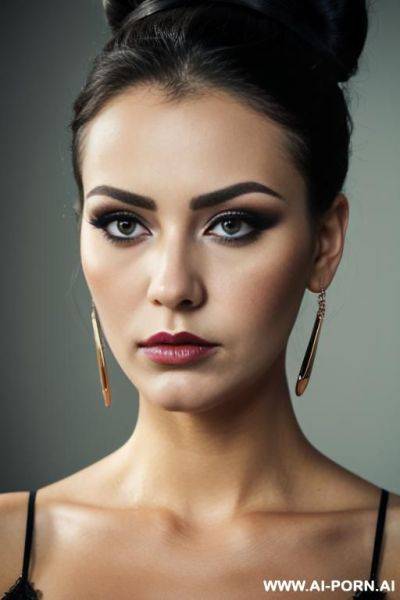 Beautiful heavy makeup lady, bun hair, headshot, face expression melancholic, front view - ai-porn.ai on pornintellect.com