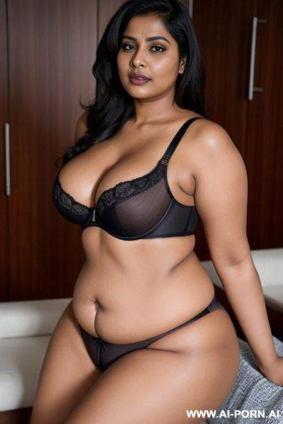 Indian aunty, plump and juicy, obese, 5, wearing a thong and, skimpy bra, dark skin, posing erotically. - ai-porn.ai - India on pornintellect.com