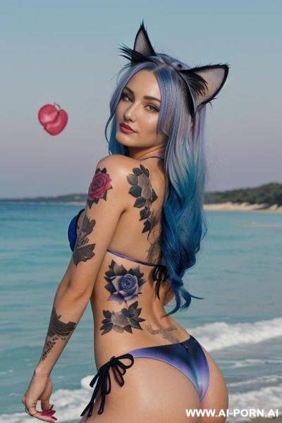 ((roses bikini)), ((tattoo of roses)), ((blue gradient hair)), ((long hair)), ((slick colorful angel wings)), ((cat ears)), ((beautiful)), ((cat face)), neckless, full view, oiled body, ((moon)), ((night)), wide angle view, (((heart))), (((happy))) - ai-porn.ai on pornintellect.com