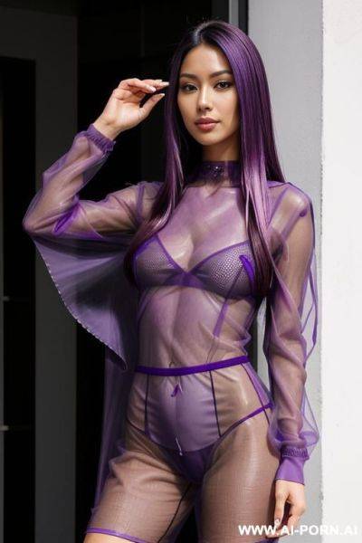 Tanned skin colour, flowing hairdo, purple hair with black highlights, - ai-porn.ai on pornintellect.com