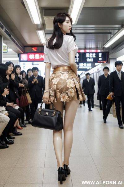 A very tall0 years old korean woman who wearing a short floral printed satin skirt when wind blowing the skirt lifted up and expose her white g string panty with camel toe clearly in the crowed subway - ai-porn.ai - North Korea on pornintellect.com