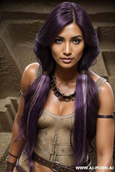 (mature depiction) closeup, tanned skin colour, flowing hairdo, purple hair with black highlights, wild slut, - ai-porn.ai on pornintellect.com