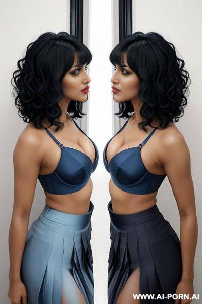 Two indians, black hair, short curly hair, bangs, fit, abs, navel piercing, blue bra, blue pleated skirt, tall, full body, stiletto, side view, kissing, view from far - ai-porn.ai - India on pornintellect.com