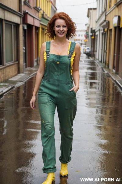 (reporter), (yellow cotton wet jumpsuit overall), (utility belt), (short reddish brown hair), (cleavage), (braless) - ai-porn.ai on pornintellect.com