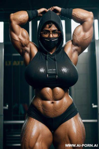 Massive ripped muscular indian giantess with colossal boobs soaked in sweat wearing tight hoodie and covering face with mask and glasses, colossus body, massive tall, ripped muscles, veiny body, giant muscles, large boobs, ripped boobs, short hair - ai-porn.ai - India on pornintellect.com